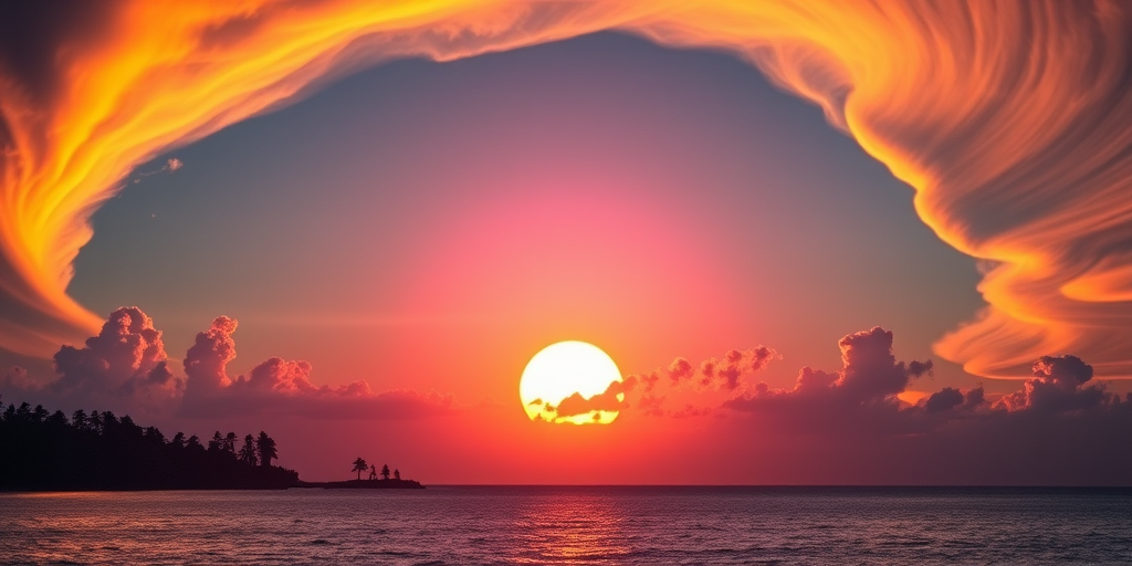 Create a surreal landscape image featuring a glowing heart-shaped sun setting over a serene ocean, surrounded by colorful swirling clouds and silhouettes of trees, with a cinematic depth of field, using a full-frame DSLR camera, f/2.8 aperture, ISO 100, 24mm lens, and a warm color palette.
