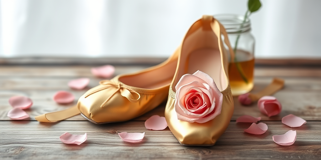 regenerate an elegant still life composition featuring a pair of golden ballet slippers, a delicate pink rose, rose petals scattered, and a jar on a wooden surface, captured with a Canon EOS R5, 85mm lens, f/1.8 aperture, natural light, soft focus background to enhance the subject's detail and texture.