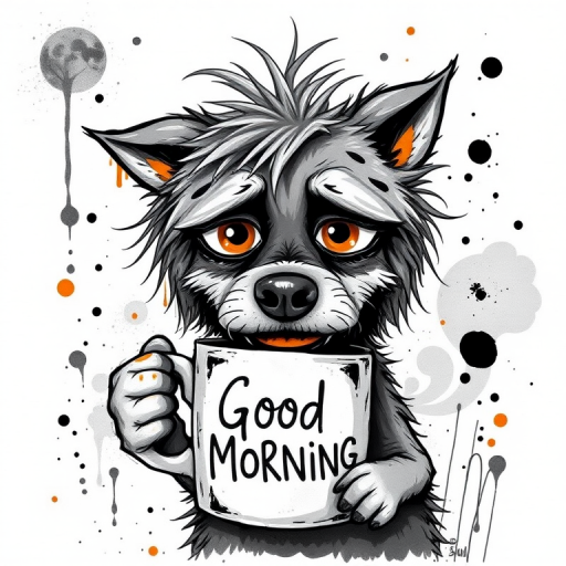 A quirky, artistic illustration of a disheveled cirneco delletna with exaggerated, large eyes and spiky fur, holding a coffee mug that reads "Good Morning". The dog has a tired but humorous expression, with ink splatters and abstract details surrounding it, giving a whimsical feel to the image. The color palette is mostly monochrome with hints of orange in the eyes and steam rising from the mug, enhancing the overall sleepy vibe