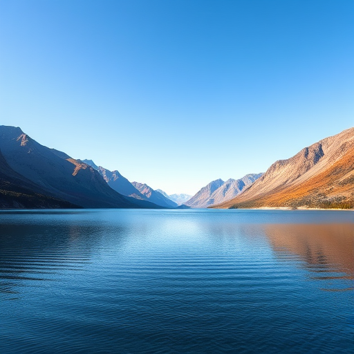 Generate a high-quality image of a serene landscape featuring a calm lake surrounded by mountains under a clear blue sky, shot with a Canon EOS R5 at f/8, ISO 100, 24mm focal length, using a wide-angle lens and a high dynamic range style.