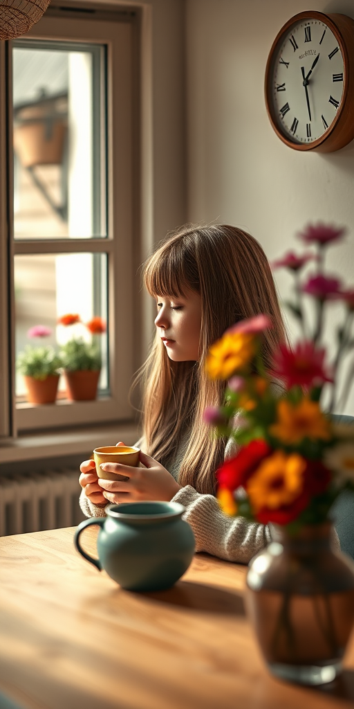 Create a cozy interior scene featuring a girl with long hair sitting at a table holding a warm cup, with a window showing a flower pot, a wall clock reading 12:00, and colorful flowers in a vase, shot with a DSLR camera at f/2.8, ISO 100, 50mm lens, natural light, and a soft focus to enhance the warmth of the atmosphere.