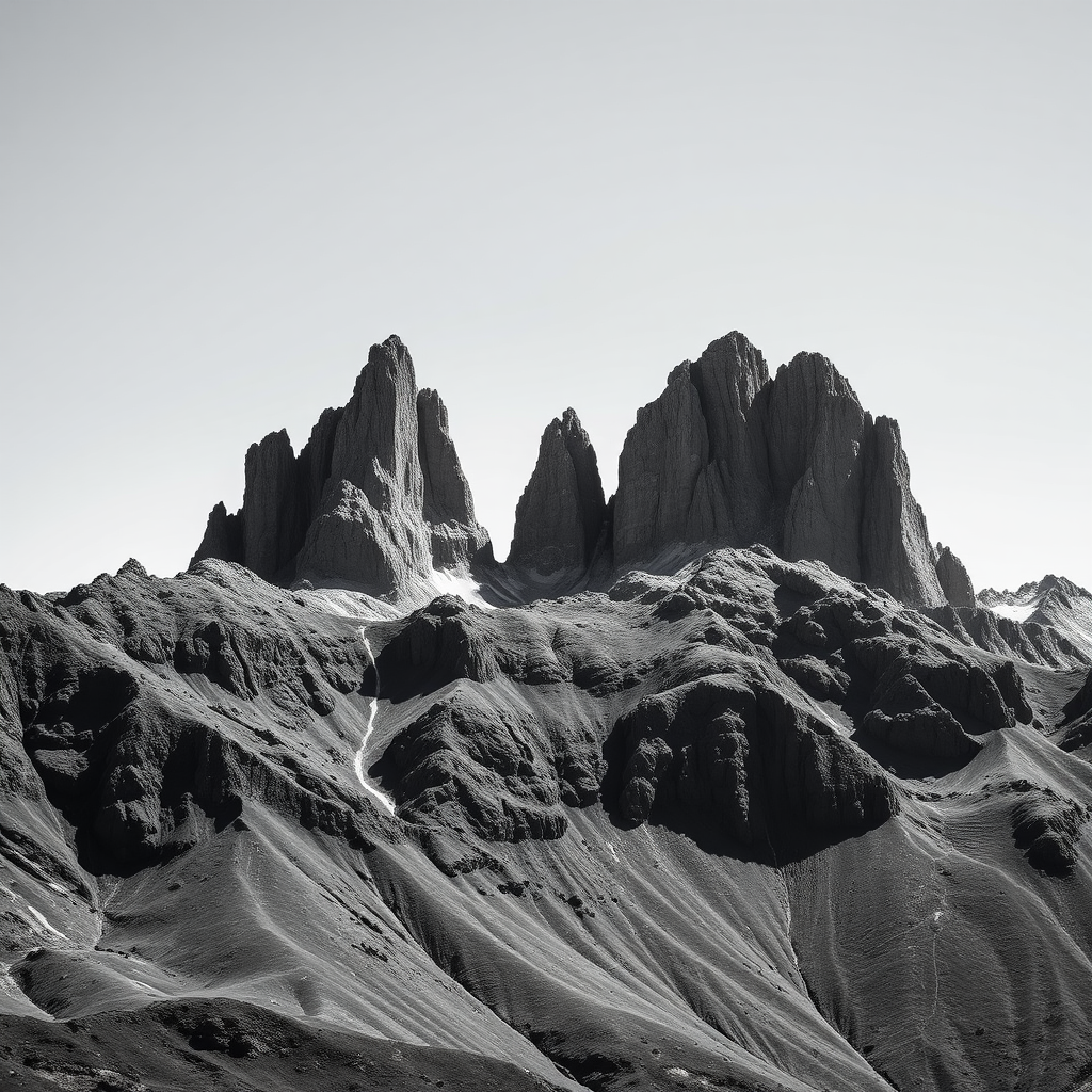 Create a high-contrast black and white landscape photo of rugged mountain peaks under a clear blue sky, captured with a DSLR camera, 24mm lens, aperture f/11, shutter speed 1/125 sec, ISO 200, from a low angle perspective with a wide view to emphasize the grandeur of the mountains.