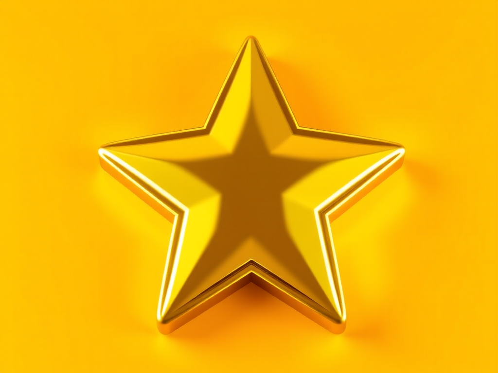 Regenerate a vibrant, three-dimensional golden star icon with a smooth gradient, high detail, and a soft glow effect, captured at f/2.8, ISO 100, 50mm lens, in a flat lay view using a DSLR camera.