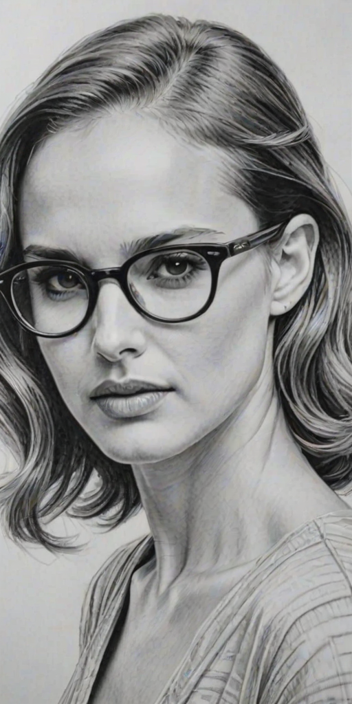 Superb Natalie Portman, pencil sketch, portrait of Dazzling woman 1948s in glasses, hair style beatnik, outline, clear lines, fine lines, 8k