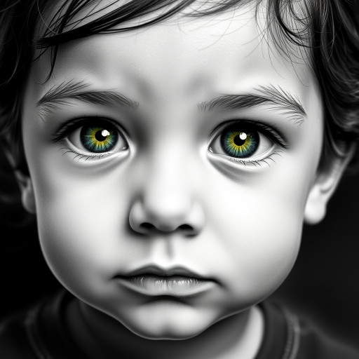 A hyperdetailed photorealistic black and white sketch of a beautiful toddler with deep green eyes, with a macro focus