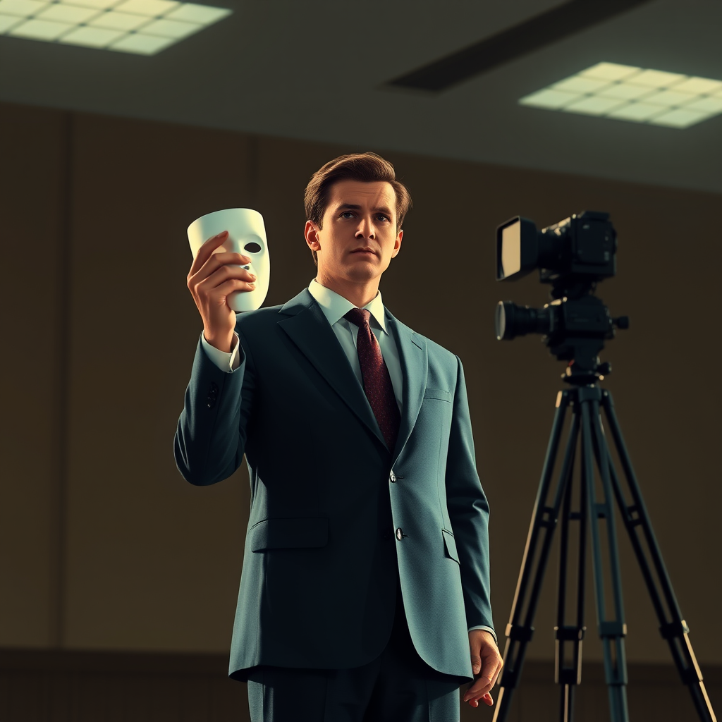 Create a high-quality digital illustration of a man in a suit holding a white mask while standing at a podium, with a vintage film camera on a tripod in the background, using a 50mm lens at f/2.8, natural lighting, and a soft-focus effect for a cinematic style.