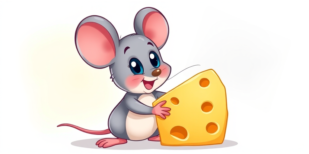 Cartoon mouse holding a piece of cheese, bright colors, vector style, high resolution, 300 dpi, using a digital drawing tablet, soft focus background.