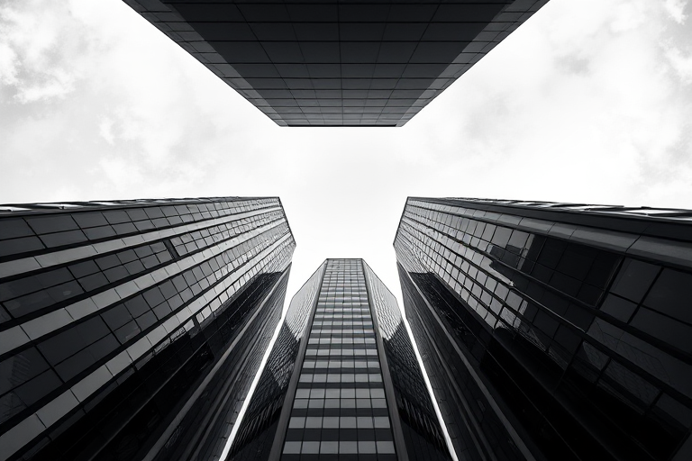 Capture an upward view of modern skyscrapers with symmetrical lines, high contrast black and white, f-stop 8, ISO 100, shutter speed 1/250s, wide-angle lens, and use a DSLR camera with a tilt-shift perspective.