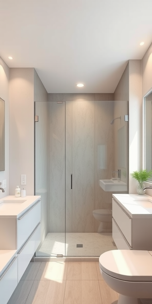 modern bathroom interior design, glass shower enclosure, neutral tones, sleek cabinetry, soft lighting, high-resolution, 24mm lens, f/4 aperture, ISO 200, natural light, wide-angle shot, DSLR camera