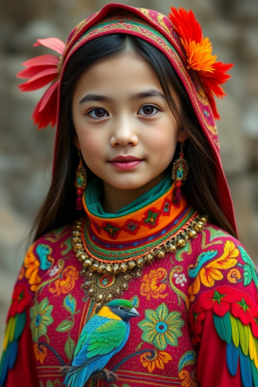 A beautiful Eurasian girl, wearing colorful bird clothing with vibrant colors