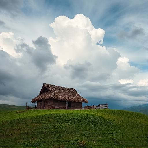 A traditional grass-roofed house on a green hill under a dramatic cloudy sky, captured with a Canon EOS R5, 24mm lens, f/8, 1/250s, ISO 100, landscape view, HDR style to enhance detail and color.