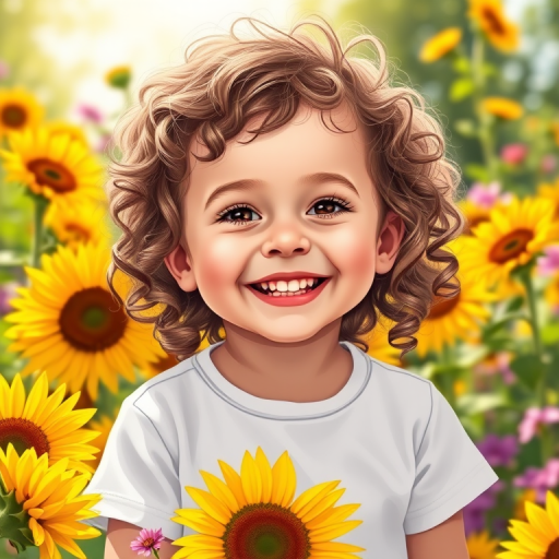 Generate a vibrant illustration of a joyful young child with curly brown hair wearing a white t-shirt, surrounded by a colorful array of sunflowers and other flowers, capturing warm sunlight; set the camera to f/2.8 for a shallow depth of field, ISO 100 for clear detail, and use a 50mm lens for an intimate portrait style, with a bright and cheerful atmosphere.