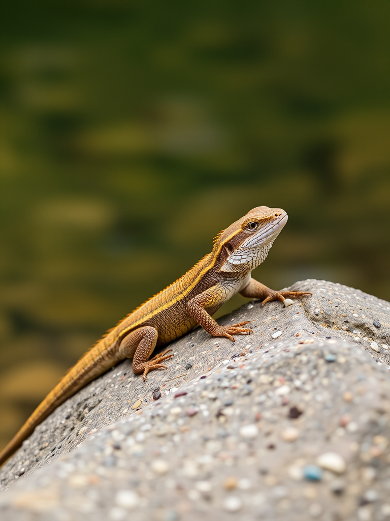 capture a close-up of a lizard resting on a rock by a body of water with a shallow depth of field, using a DSLR camera with a 50mm lens, aperture set to f/2.8, ISO 200, and a shutter speed of 1/200 sec for enhanced image quality and detail.