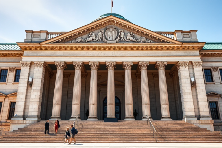Generate a high-resolution image of a neoclassical building with a grand facade featuring prominent columns, a triangular pediment with elaborate reliefs, a green copper roof, and steps leading to the entrance, captured with a Canon EOS R5, 24mm lens, f/8 aperture, ISO 100, in bright daylight from a frontal view to enhance details and texture.