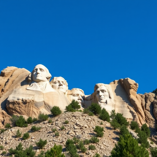Create a high-resolution image of Mount Rushmore with a 50mm lens, f/8 aperture, ISO 100, shot from a low angle to emphasize the monument against a clear blue sky, using a DSLR camera for maximum detail and vibrancy.