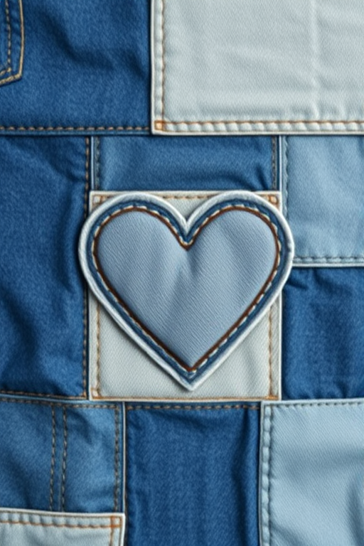 Create a high-resolution image of a denim patchwork design featuring various shades of denim with a heart-shaped patch, use a Canon EOS 5D Mark IV camera, set aperture to f/4, ISO 100, shutter speed 1/125s, shot from a top-down view with natural lighting for a soft, textured look.