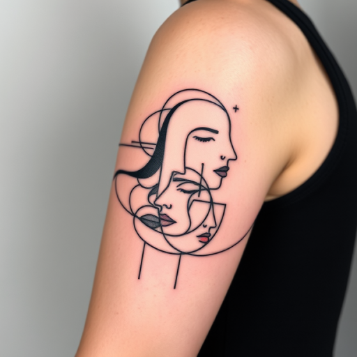 Striking minimalist body tattoo of a single continuous line forming abstract faces and figures, wrapping around the upper arm in bold black ink