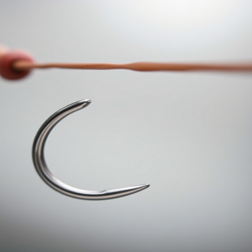Create a high-resolution illustration of a fishing hook, using a macro lens to capture intricate details, with soft lighting for depth, a neutral background for contrast, and a focus on the metallic sheen of the hook.