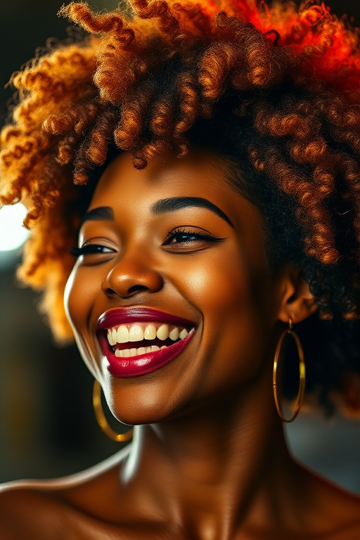 Portrait of a woman with a vibrant, textured afro hairstyle, golden hues, and a joyful expression, captured in low light with a Canon EOS R5, 85mm lens, f/1.2 aperture, ISO 100, and soft focus background to enhance the subject's features.