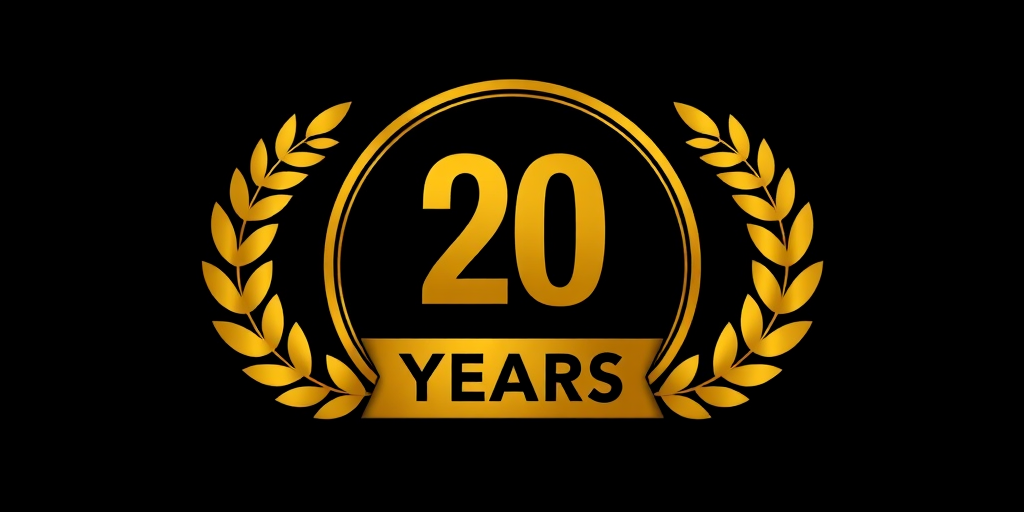 Create a high-resolution image of a golden badge design featuring the number "20" prominently in the center with the word "YEARS" below it, set against a black background, using a Canon EOS R5 camera, with an aperture of f/2.8, ISO 100, and a focal length of 50mm, in a studio lighting setup for enhanced detail and contrast.