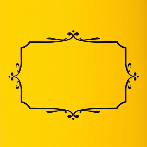 Create a bright yellow blank label with a decorative border using a DSLR camera, aperture set to f/2.8, ISO 100, 50mm lens, shot from a slight angle to enhance depth and texture.