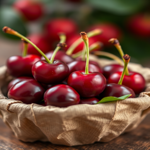 cherries in a textured paper basket with vibrant colors and a soft focus background, captured with a Canon EOS 5D Mark IV, 50mm lens, f/2.8 aperture, ISO 100, natural light, macro photography