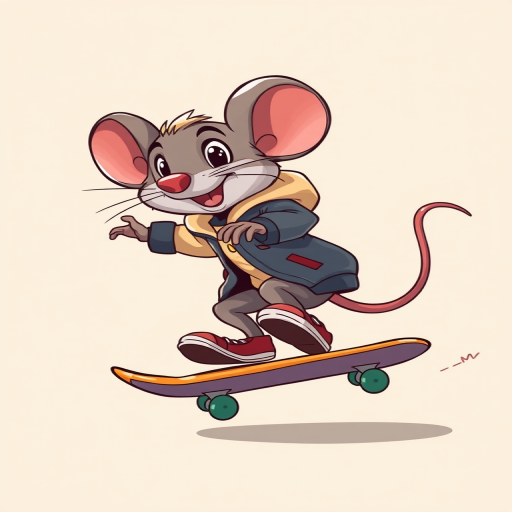 Create an illustration of a cartoon mouse skateboarding, wearing a stylish jacket, with a playful expression, set against a solid light beige background, captured with a DSLR camera at f/4, ISO 100, 50mm lens, shot from a low angle to emphasize motion and excitement.