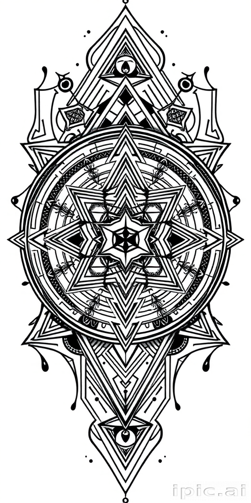 Intricate blackwork "Geometric Labyrinth" tattoo concept showcasing interconnected sacred geometry patterns forming a mesmerizing maze-like design with sharp lines and bold contrasts perfect for sleeves or back pieces