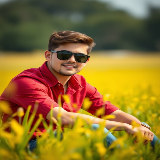 portrait of a young man sitting in a field wearing sunglasses and a red shirt with a relaxed expression shallow depth of field focus on subject with vibrant yellow grass in background shoot with a Canon EOS 90D at f/2.8, ISO 100, shutter speed 1/500, shot in natural light