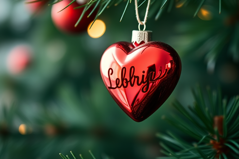 Close-up of a shiny red heart-shaped Christmas ornament hanging on a tree, surrounded by blurred green pine needles, bokeh effect in the background, shot with a Canon EOS R, 50mm f/1.8 lens, aperture f/2.8, ISO 100, 1/100s shutter speed.