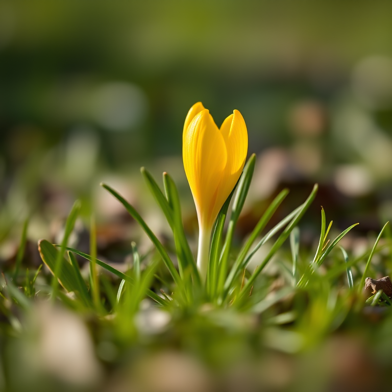 A close-up shot of a yellow crocus flower emerging from green grass, with a shallow depth of field, taken with a DSLR camera at f/2.8, ISO 200, 1/200s, natural light, macro lens, focusing on the flower with a blurred background to enhance details and colors.