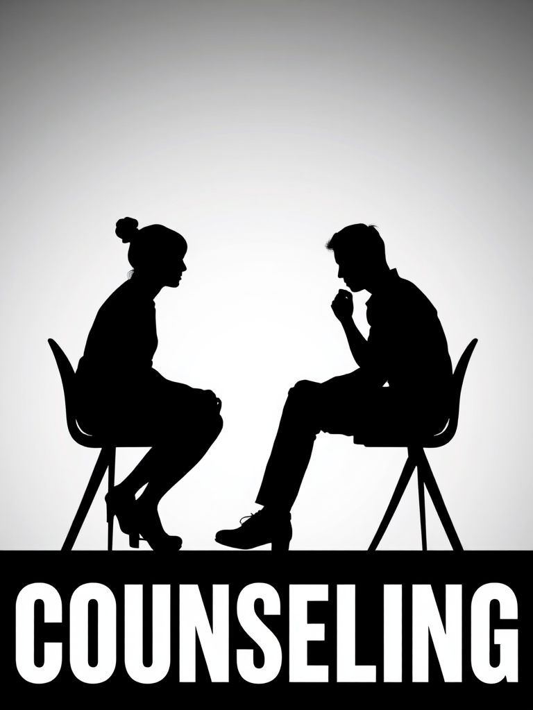 Create a high-resolution image of three silhouetted figures engaged in a counseling session, with the word "COUNSELING" in bold, modern typography beneath them, shot with a DSLR camera at f/2.8 aperture, 50mm lens, ISO 100, and with soft lighting to enhance clarity and depth.