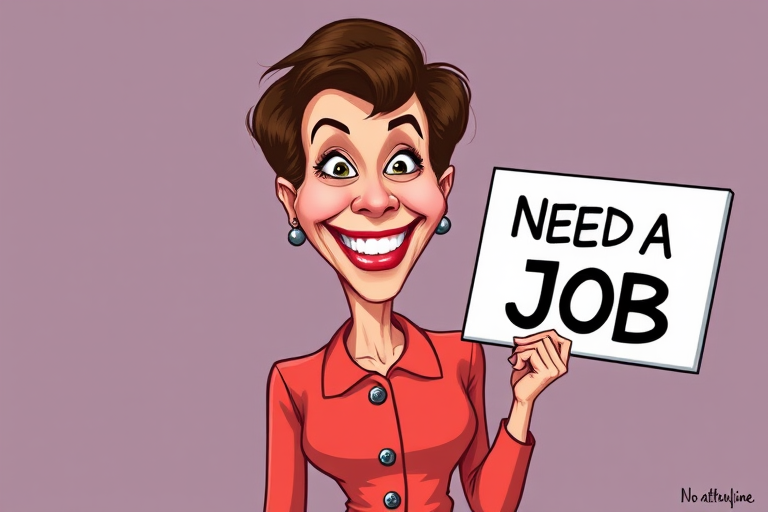 caricature of a smiling Katharine Hepburn in a Salmon dress or suit, holding up a sign that says "NEED A JOB", no watermark,