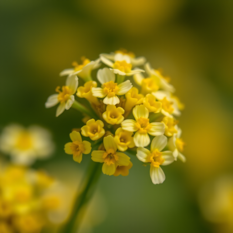 close-up of a cluster of yellow and white flowers with a soft blurred background, ISO 100, f/2.8, 1/200 sec, 85mm lens, natural light, macro photography