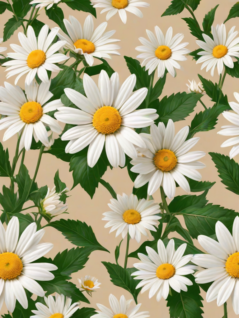 create a seamless pattern featuring white daisies with yellow centers and green leaves on a light beige background