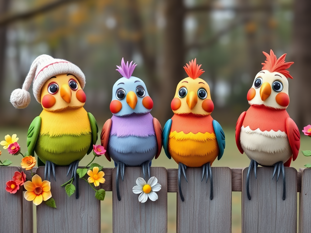 create a scene of 4 quirky  whimsical colourful comical birds each with a funny expression. they are sat on a wooden fence with colourful flowers. they are all different sizes. each one is a different colour  one is wearing a woolly hat. Each one has a different quirky google expression and there is a muted background of trees watercolour paintierly style high definition 8k resolution 3D paper mache