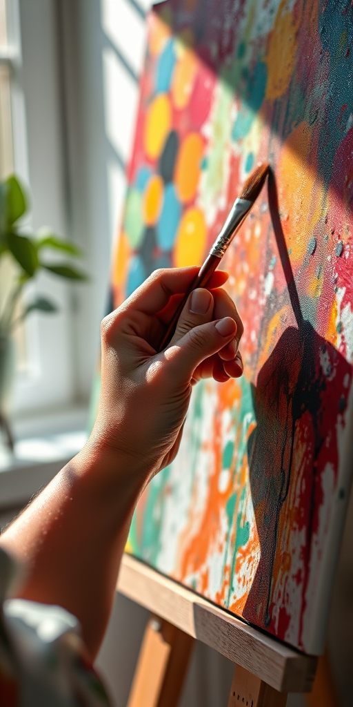 Close-up of an artist’s hands splattered with paint, holding a brush mid-stroke against a colorful abstract canvas, soft light from a nearby window casting shadows on the easel.