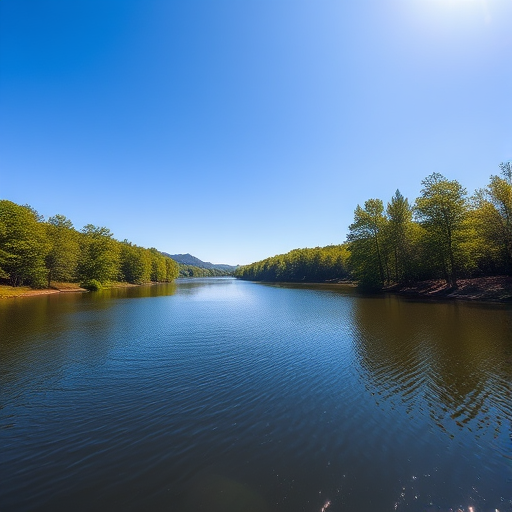 Generate a high-resolution image of a serene nature landscape featuring a tranquil lake surrounded by lush green trees under a clear blue sky, captured with a Canon EOS R5, 24mm lens, f/8 aperture, ISO 100, and a wide-angle view for enhanced depth and clarity.