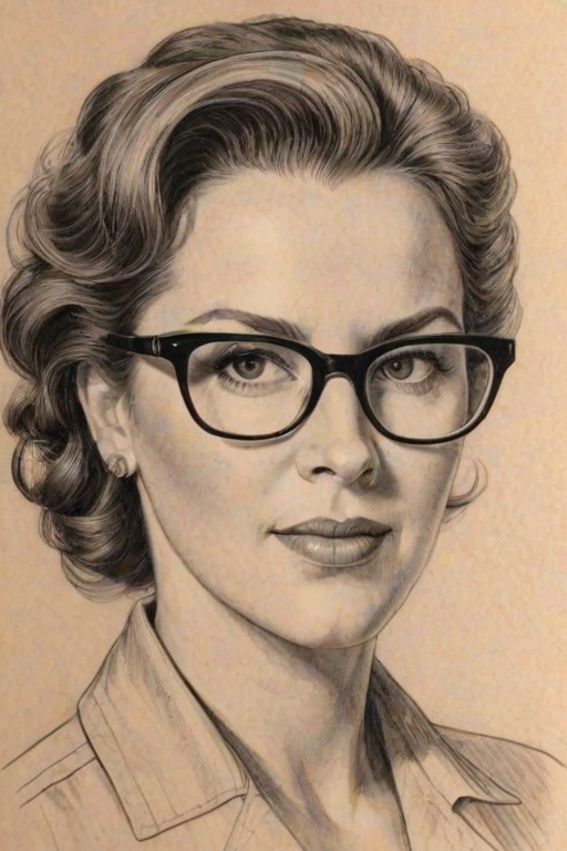 Comely Elizabeth Perkins, pencil sketch, portrait of Appealing woman 1945s in glasses, hair style beatnik, outline, clear lines, fine lines, 8k