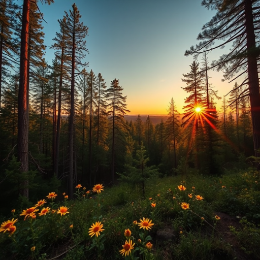 Create a high-resolution image of a serene forest landscape during golden hour, using a Canon EOS R5 with a 24-70mm f/2.8 lens, aperture set to f/8, ISO 100, and shutter speed at 1/250s, capturing a wide-angle view to enhance the depth of field and vivid colors.