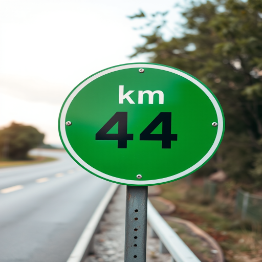 regenerate an image of a green kilometer sign displaying "km 44 4" with a clean and modern design, taken with a DSLR camera, aperture f/8, ISO 100, in landscape orientation, sharp focus, high-resolution.