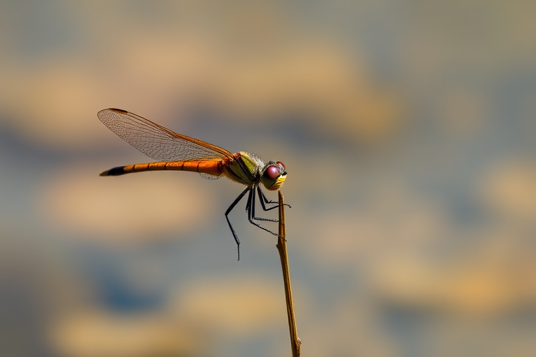 dragonfly perched on a thin stick against a blurred background of water, natural lighting, shallow depth of field, ISO 100, f/2.8, 1/200 sec, 50mm lens, DSLR camera, macro photography style