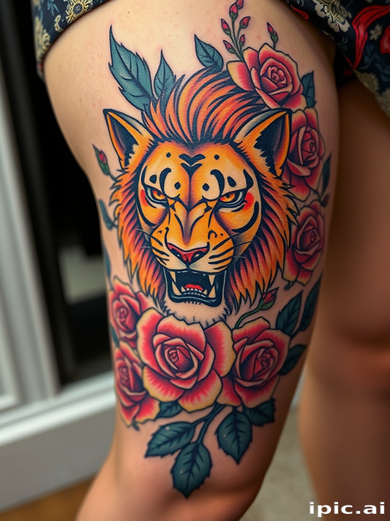 Striking neo-traditional tattoo on the thigh depicting a fierce lioness surrounded by vibrant roses and foliage rich saturated colors and bold outlines with a touch of realism