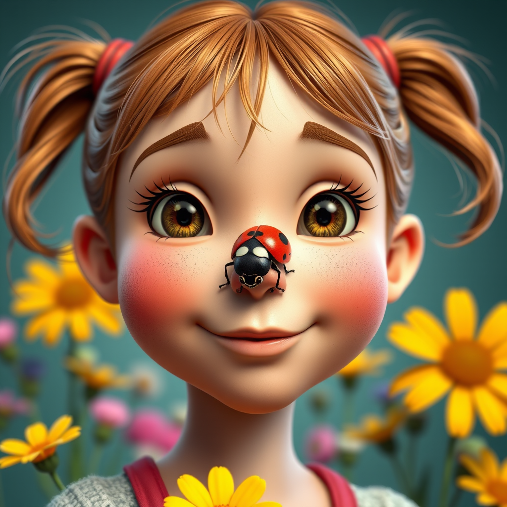 whimsical comical cartoon art Quentin Blake style, closeup portrait view of a cute girl with two ponytails in her hair, an adorable ladybug sits on her nose, funny children’s book illustration with bright colors and flowers in the background