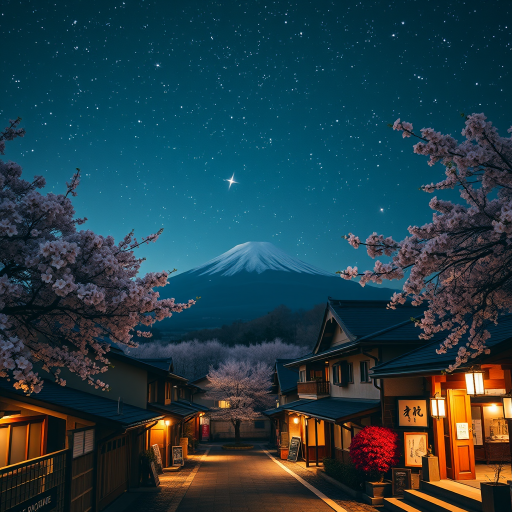 generate a vibrant night scene of a traditional Japanese village with illuminated buildings and cherry blossoms under a starry sky, featuring Mount Fuji in the background, shot with a Canon EOS R5, ISO 100, f/8, 30 seconds exposure, wide-angle lens at 24mm, enhanced colors and sharp details in a cinematic style