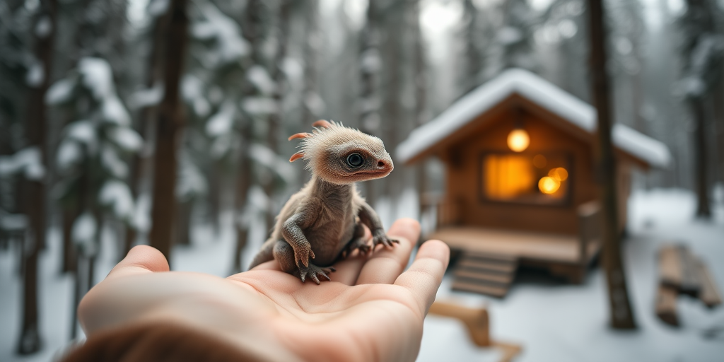 A cute, fluffy dragon hatchling being held in a person's hand, with a snowy forest background and a warm cabin lit in the distance, soft focus, shallow depth of field, ISO 100, f/2.8, 50mm lens, natural light, DSLR style, high-resolution capture.