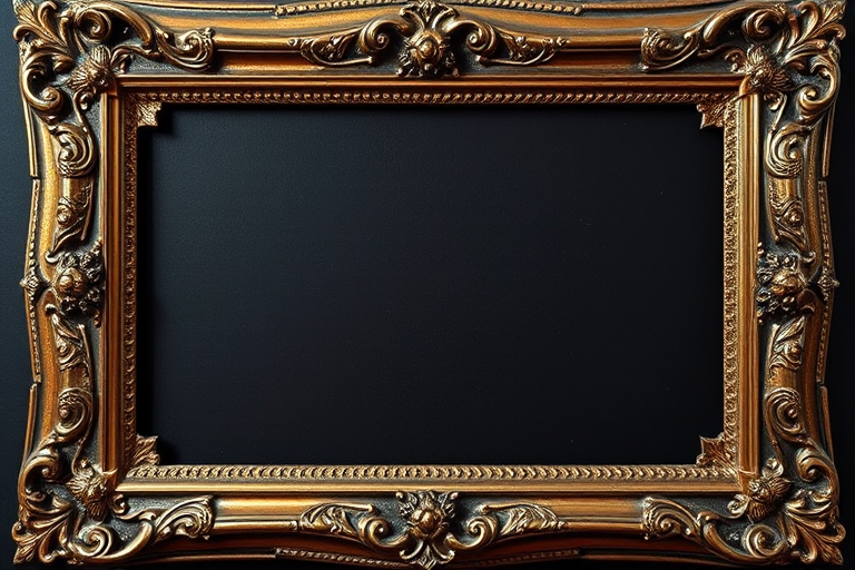 Create a high-resolution image of a classic ornate picture frame with intricate designs and a deep matte black interior, using a digital camera with a 50mm lens, f/1.8 aperture, ISO 100, and a soft focus style, shot from a straight-on view to capture details and textures.