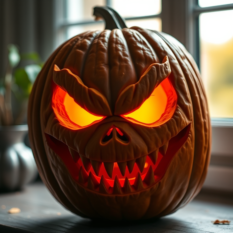 Create a highly detailed image of a carved pumpkin with a menacing face, glowing yellow eyes and jagged teeth, photographed with a Canon EOS R5, 50mm lens, f/1.8 aperture, ISO 100, natural window lighting, soft focus background.