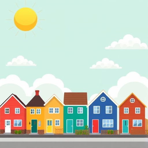 Create a vibrant and stylized illustration of colorful houses in a row under a bright sun and fluffy clouds, using a digital flat design style, shot with a digital camera at ISO 100, f/8 aperture, 35mm focal length, and a wide-angle perspective for enhanced clarity and detail.