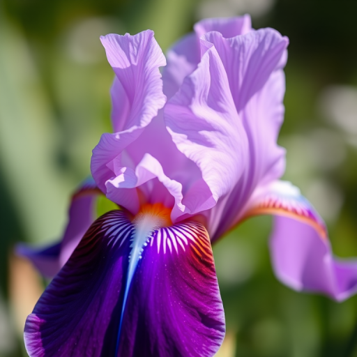 A close-up photograph of a purple and white iris flower with soft bokeh background, using a DSLR camera at f/2.8 aperture, ISO 100, shutter speed 1/200s, natural lighting, and a macro lens to enhance detail and color vibrancy.